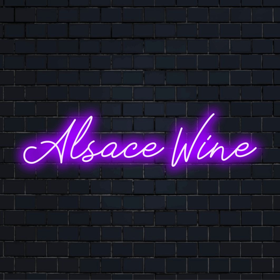 Alsace Wine LED Neon Sign, bright LED glow on black brick background