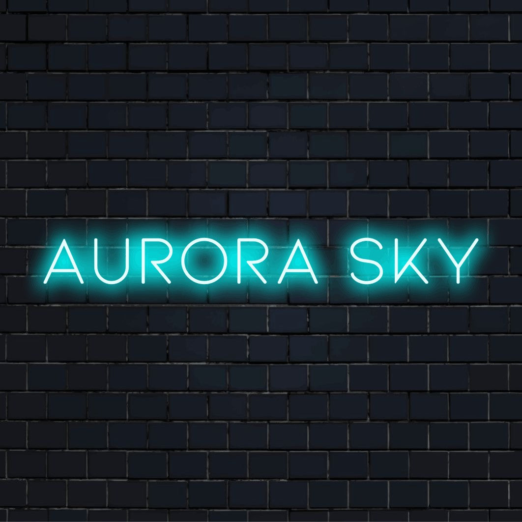 Aurora Sky Neon Sign, bright LED glow against black brick wall