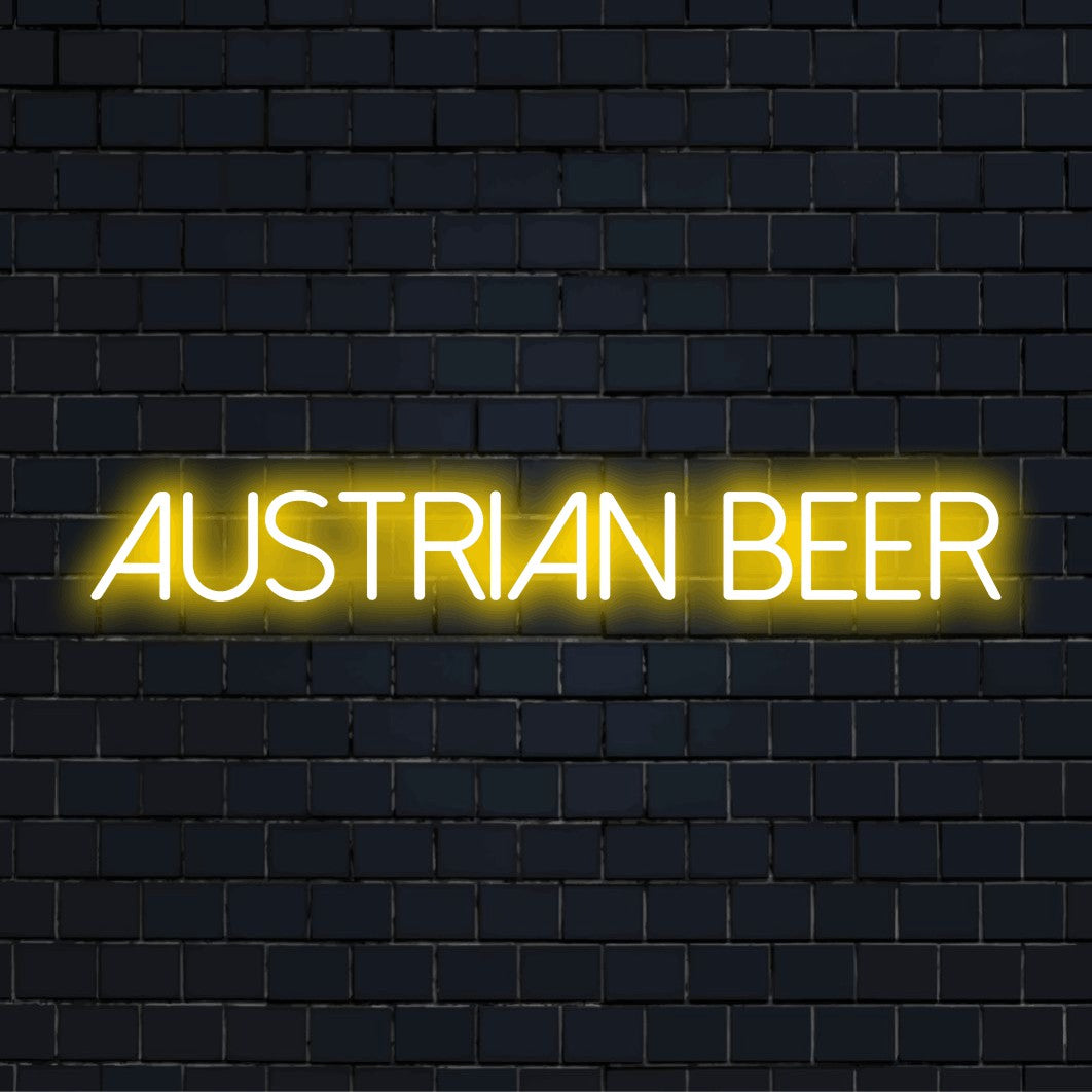 Austrian Beer LED Neon Sign, glowing neon text against brick backdrop