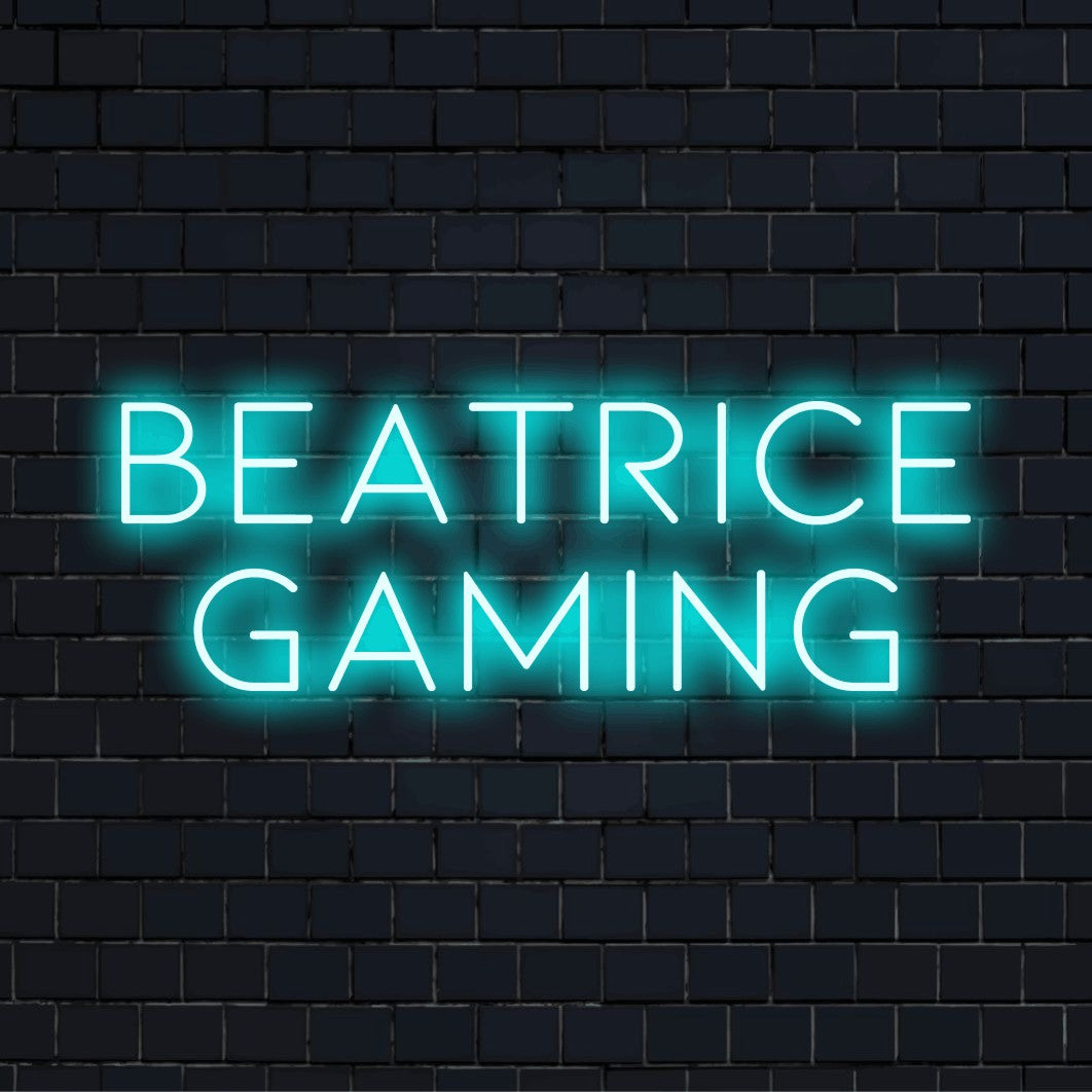 Beatrice Gaming Custom Name Neon Sign, bright neon lettering on dark brick background