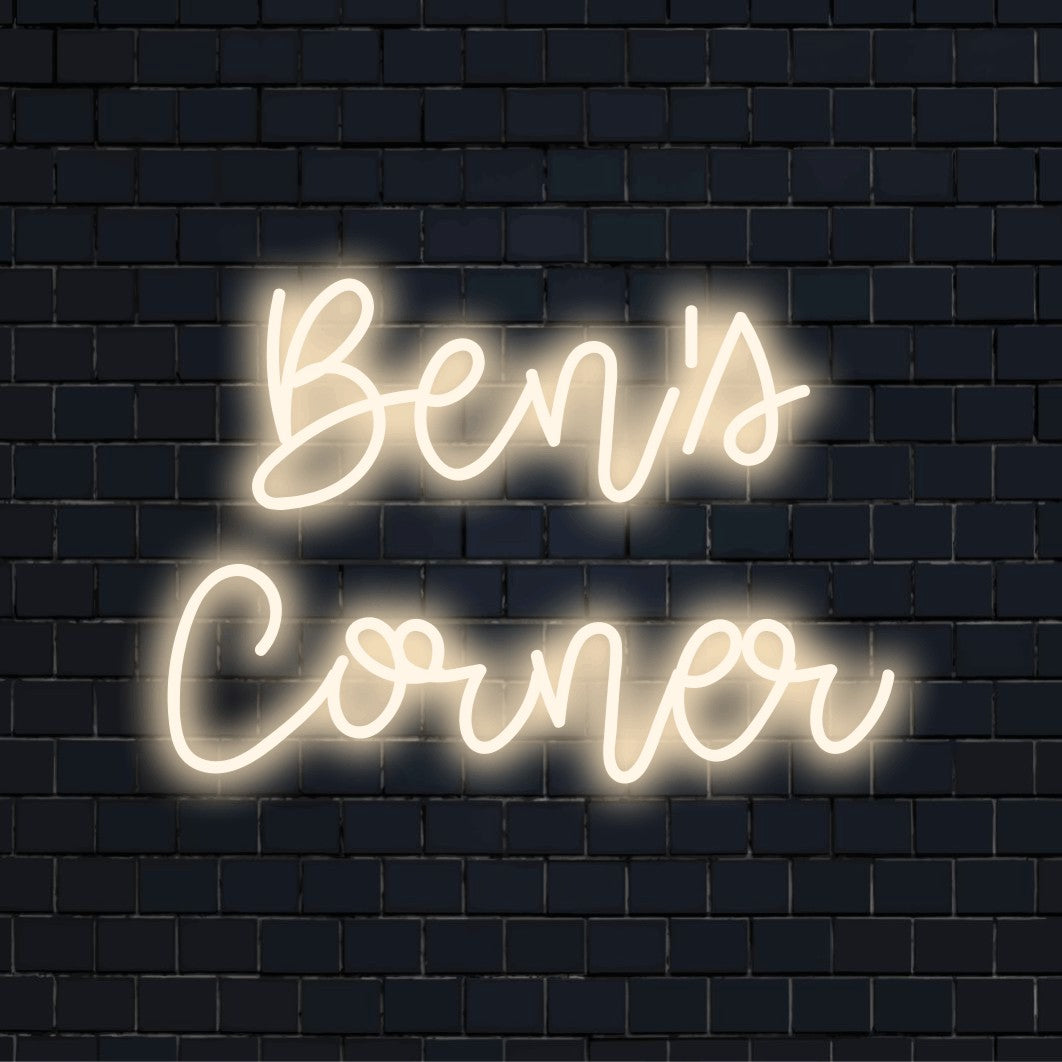 Ben_s Corner Custom Name Neon Sign, glowing wall decor against brick backdrop