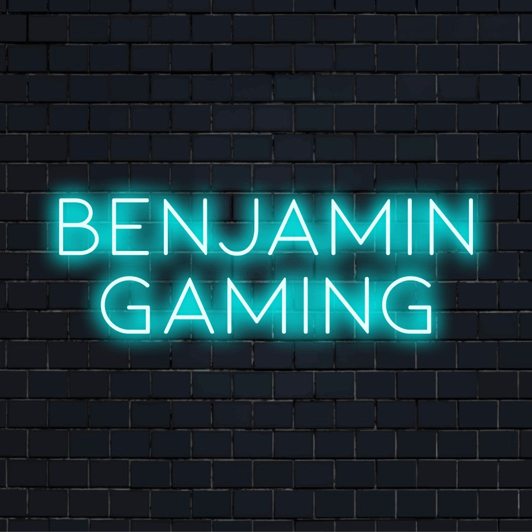 Benjamin Gaming Custom Name Neon Sign, neon text light on black brick background