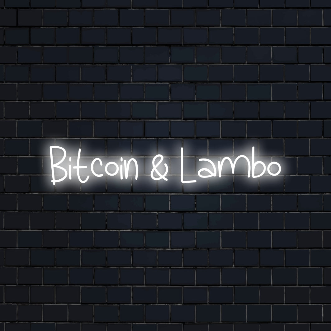 Bitcoin Lambo Neon Sign, soft neon glow on dark brick background