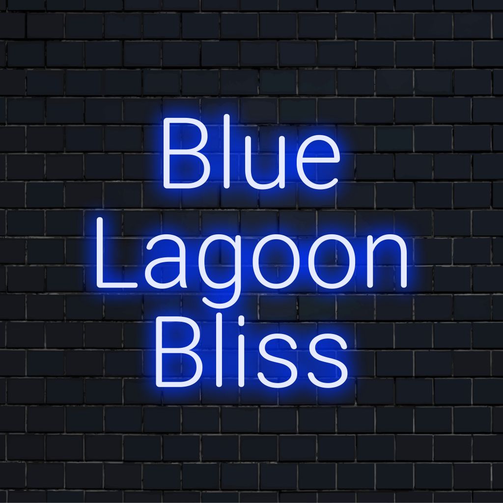 Blue Lagoon Bliss LED Neon Sign, glowing lettering on dark brick background