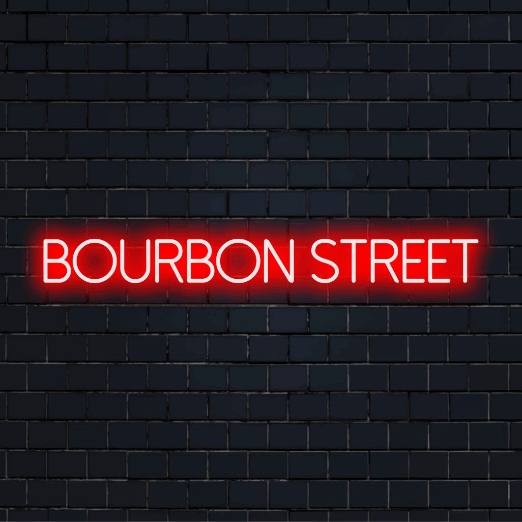 Bourbon Street Neon Light with bright LED glow on black brick background