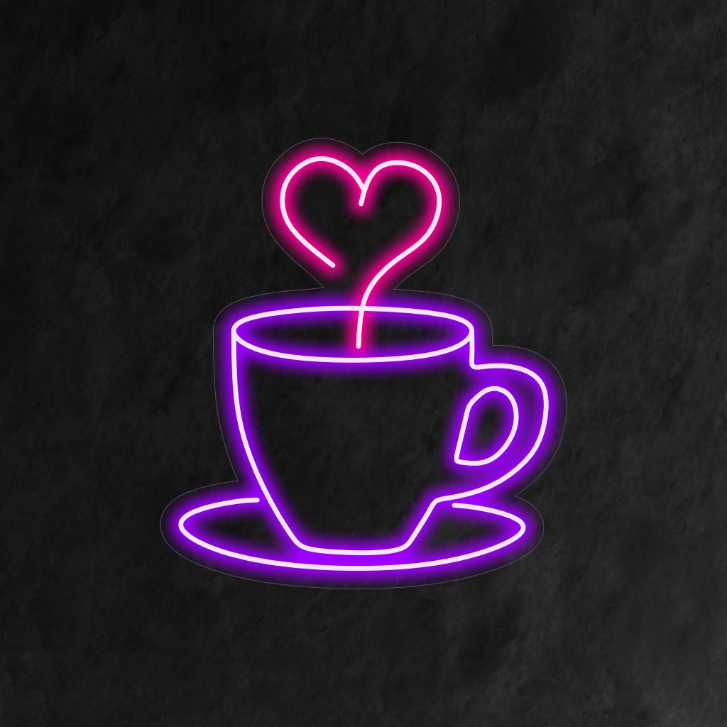 Gepersonaliseerde LED-neon in de vorm van een hart met een koffiekopje; perfecte neonwandkunst en lichtdecoratie.
