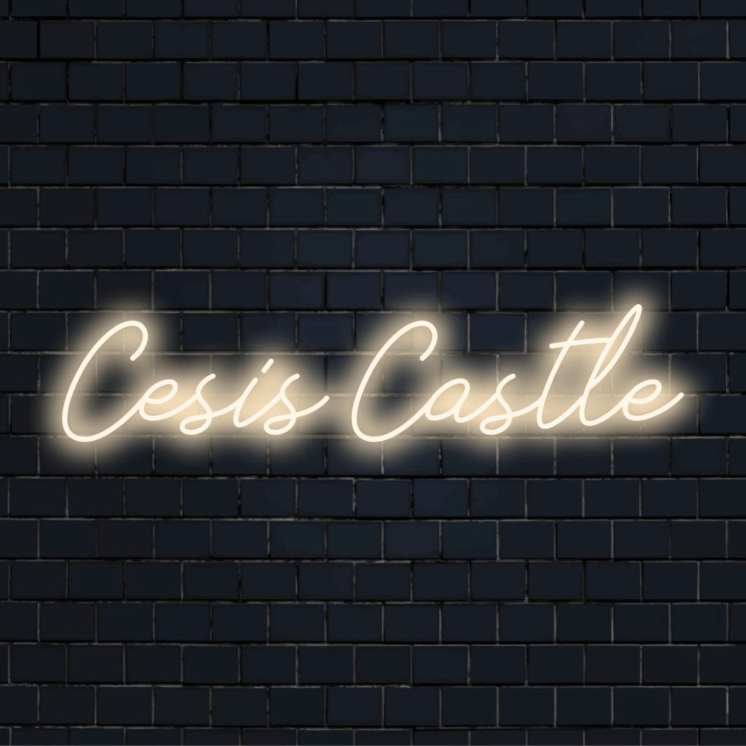 Cesis Castle LED Neon Sign, neon text light on black brick background