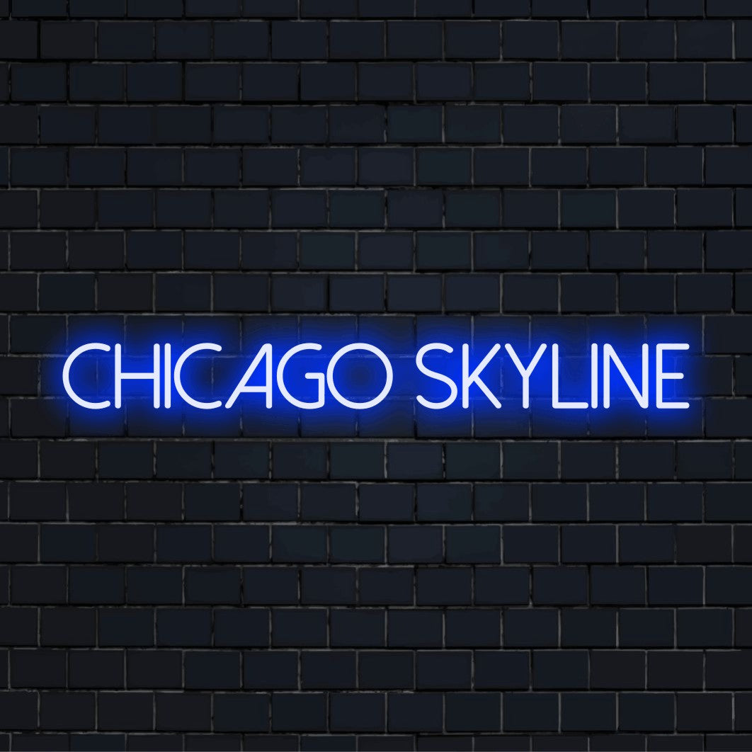 Chicago Skyline Neon Light with bright LED glow on dark brick wall
