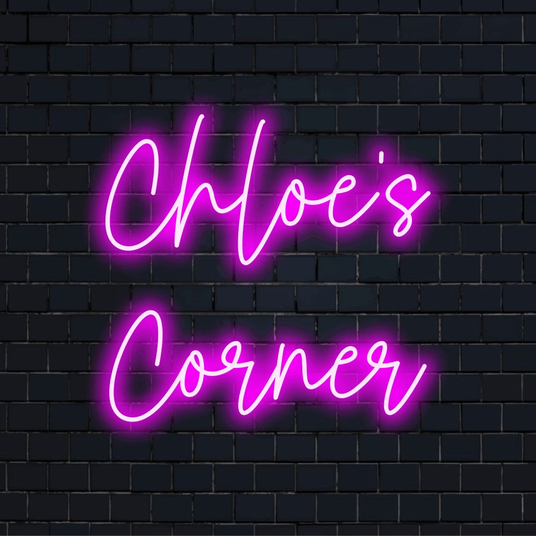 Chloe_s Corner Personalized LED Neon Sign, soft neon glow against brick backdrop