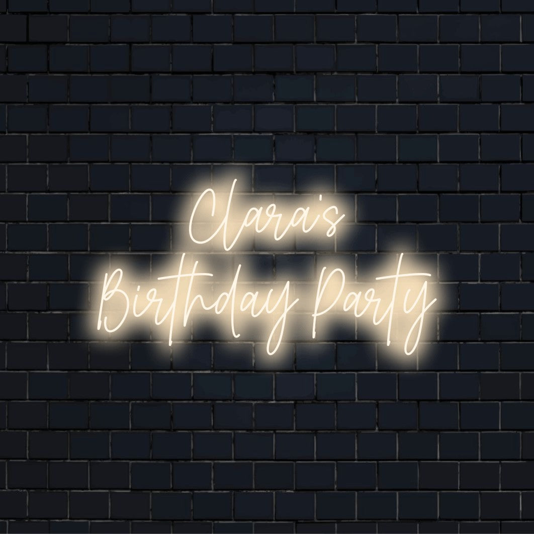 Clara_s Birthday Party Personalized Neon Light with glowing neon text on black brick background