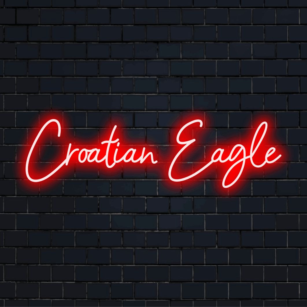 Croatian Eagle Neon Sign, bright neon glow on dark brick background