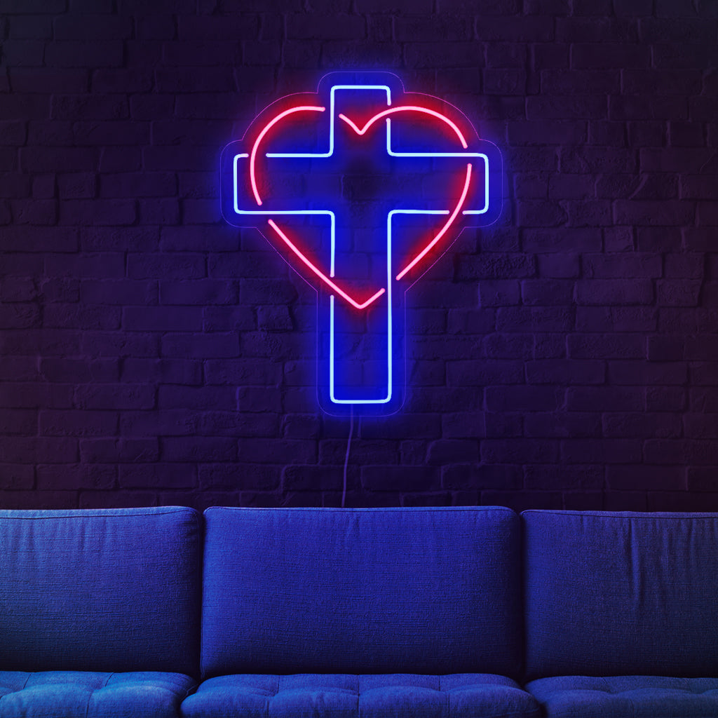 "Kruis en hart neonlicht" - Een spiritueel neonlicht met een symbolisch kruis en hart, dat uw ruimte warmte geeft.