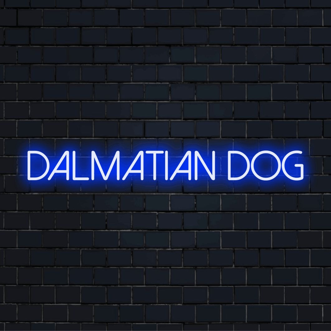 Dalmatian Dog Neon Sign, soft neon glow on black brick background