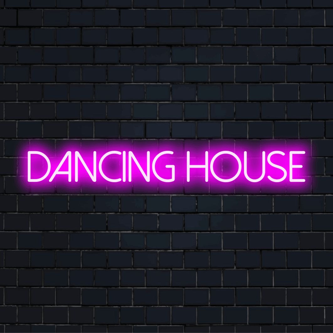 Dancing House LED Neon Sign, bright LED glow on dark brick wall