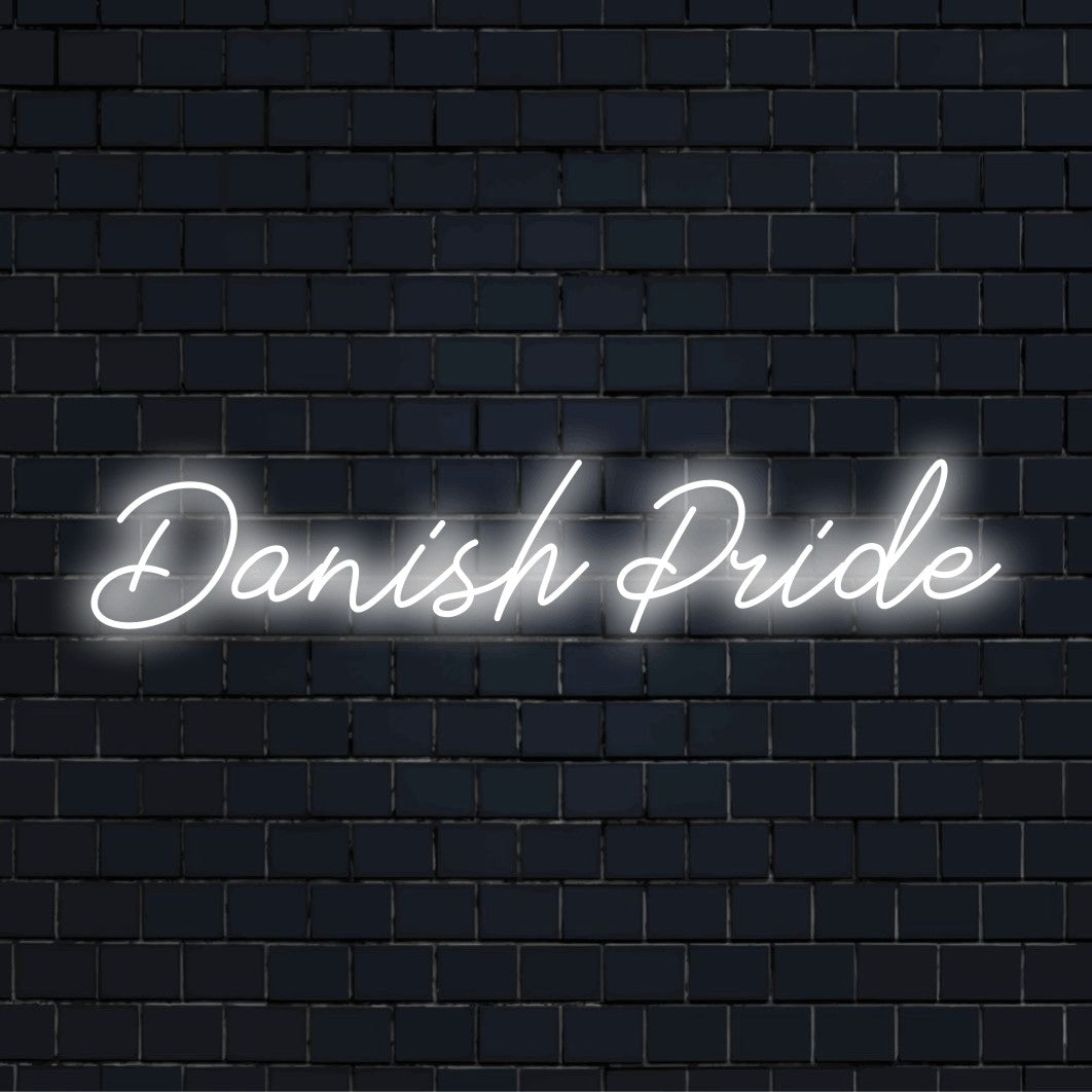 Danish Pride Neon Sign, bright neon glow on dark brick wall