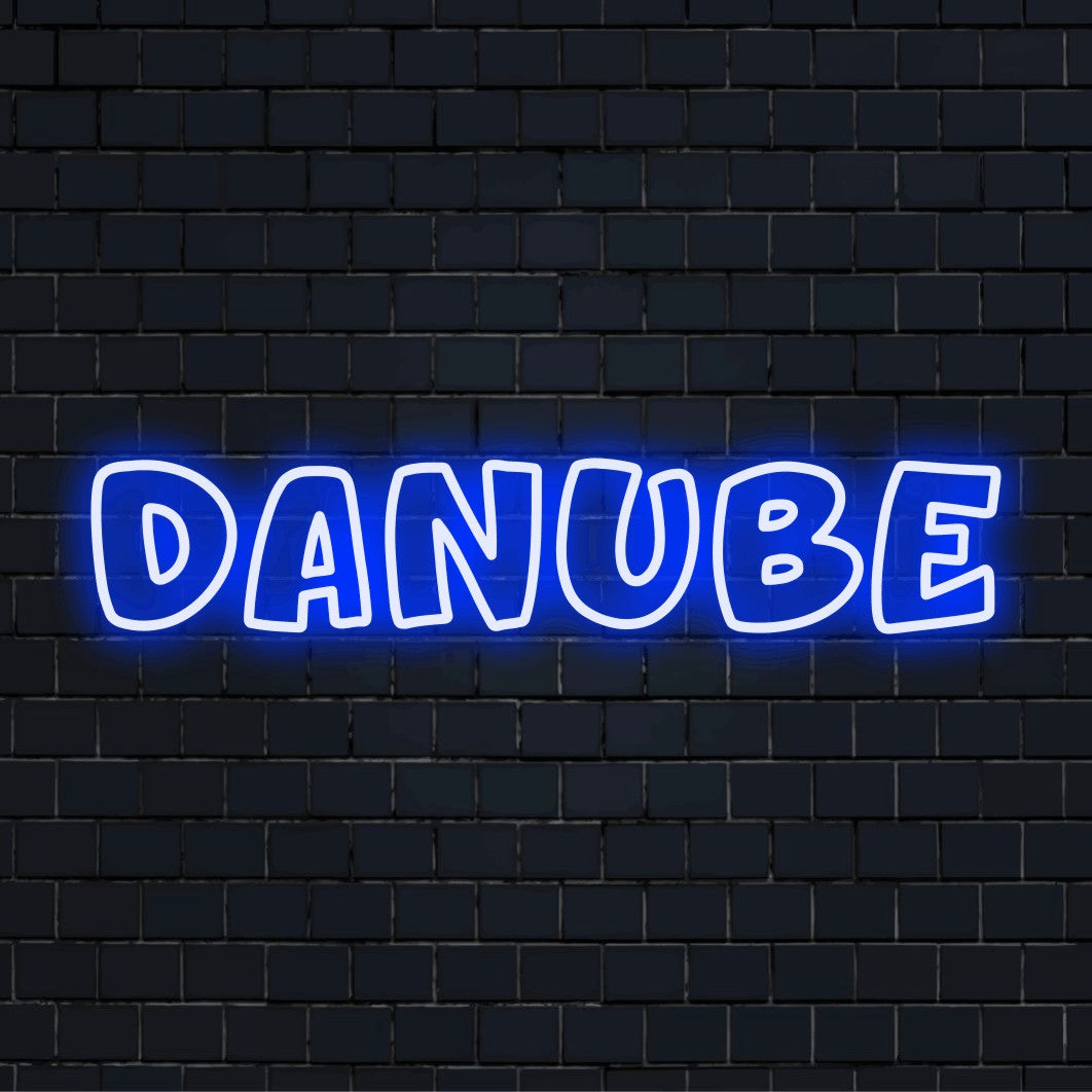 Danube LED Neon Sign, glowing lettering against brick backdrop