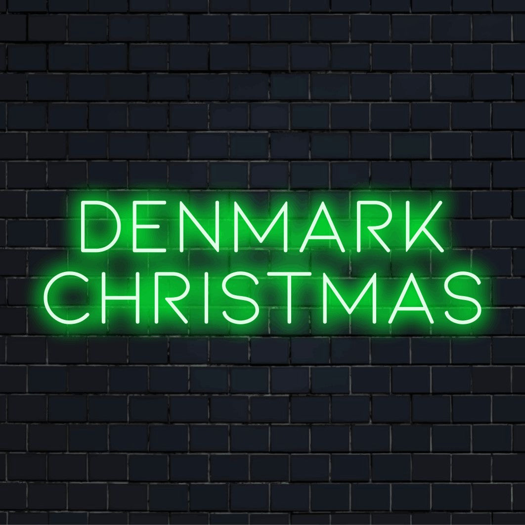 Denmark Christmas LED Neon Sign, glowing neon text on black brick background