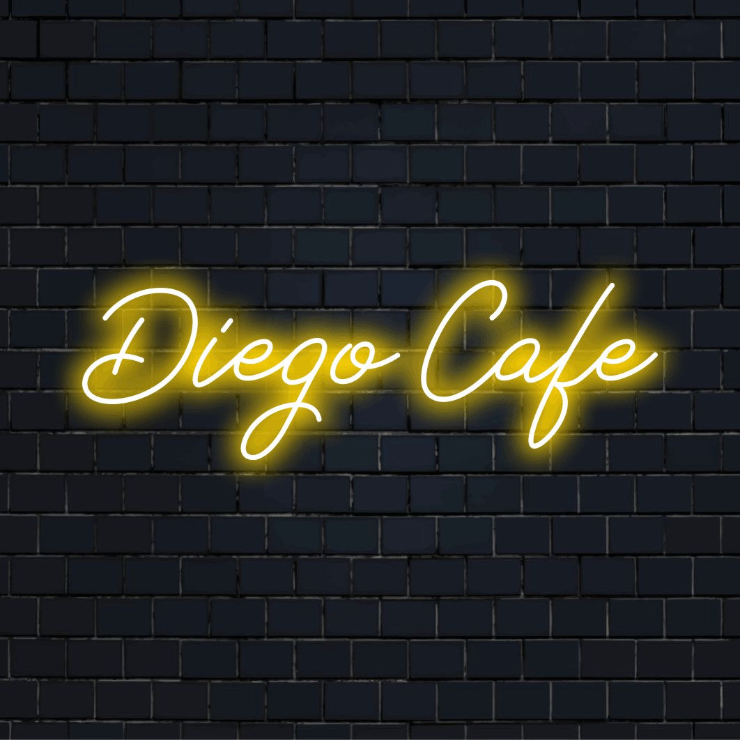 Diego Cafe Custom Name Neon Sign, glowing neon text on black brick background