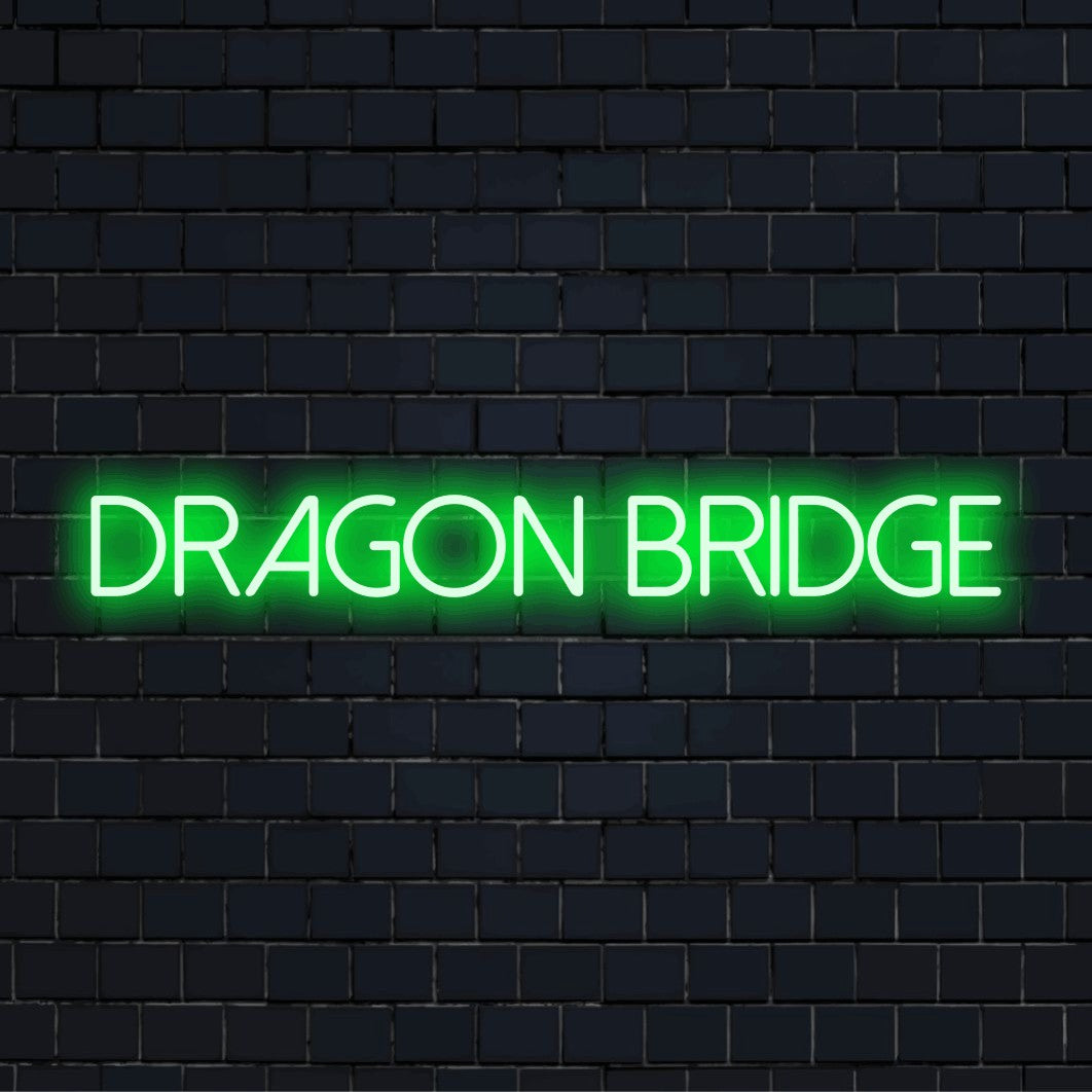 Dragon Bridge Neon Sign, bright neon lettering on black brick background