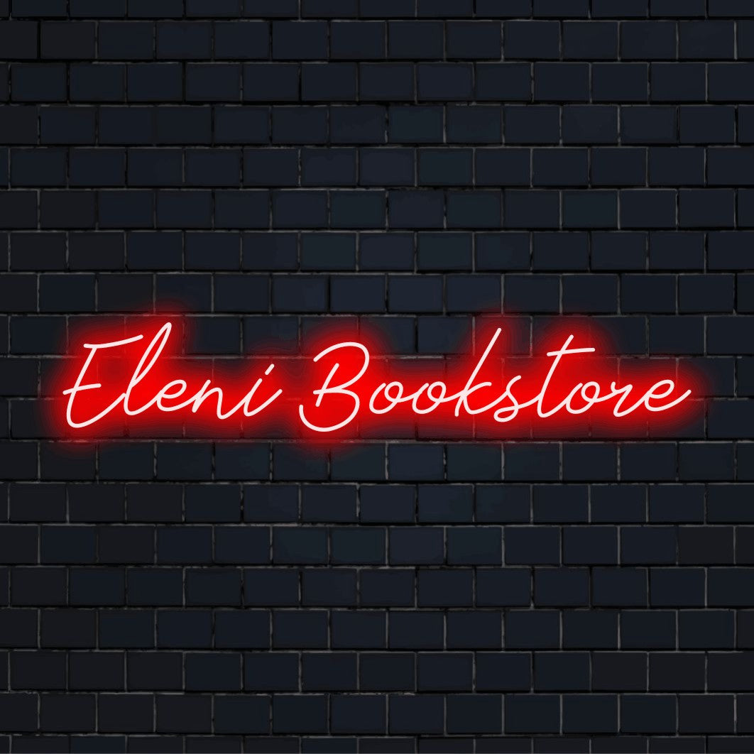 Eleni Bookstore Personalized LED Neon Sign, glowing wall decor on dark brick wall
