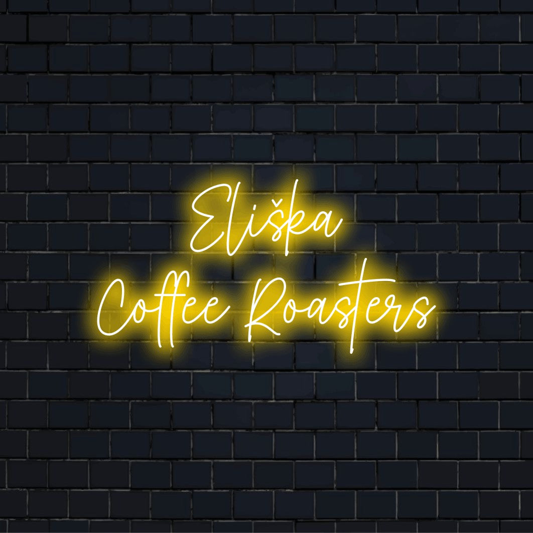 Eliska Coffee Roasters Personalized LED Neon Sign, bright LED glow on dark brick wall