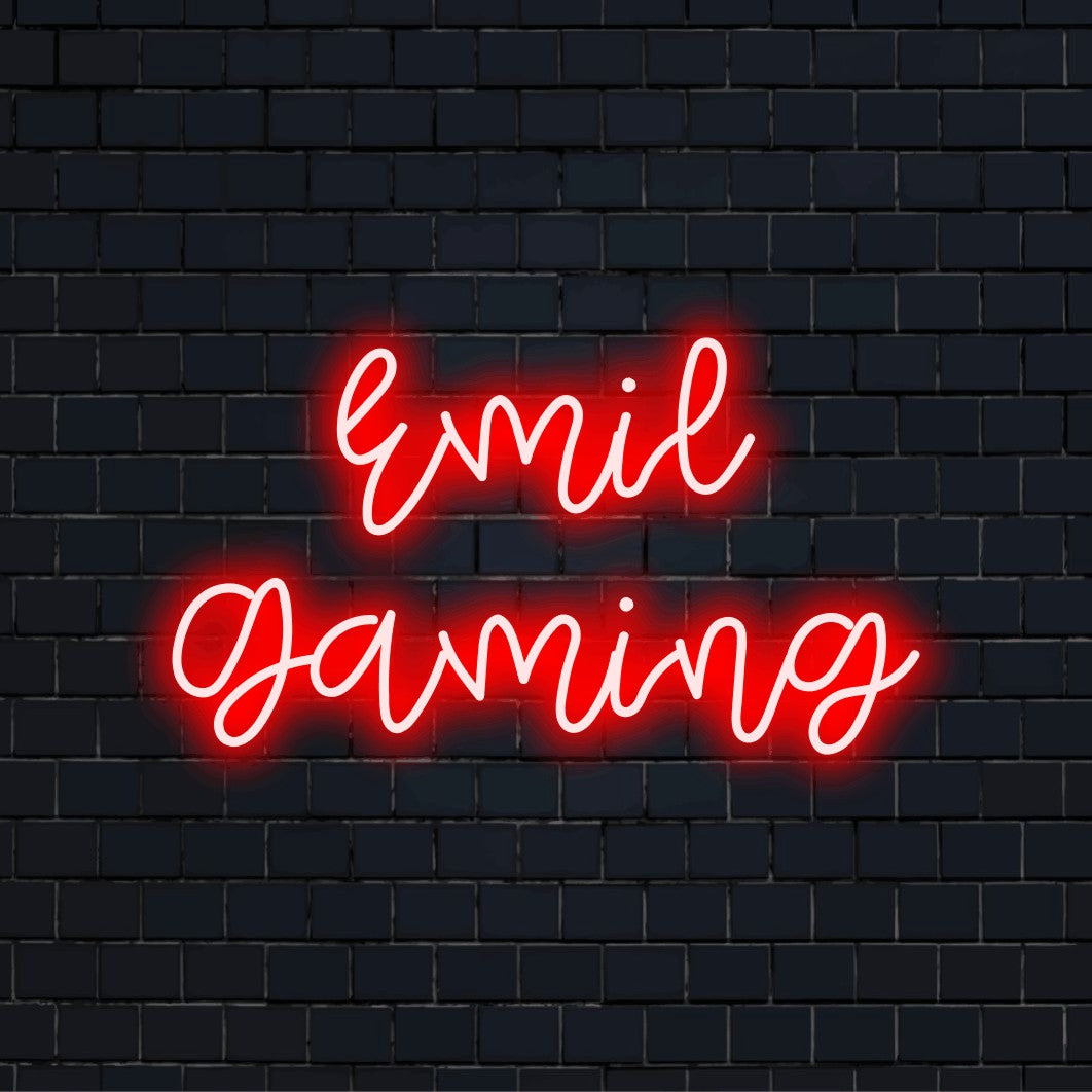 Emil Gaming Custom Name Neon Sign, glowing neon text on dark brick background