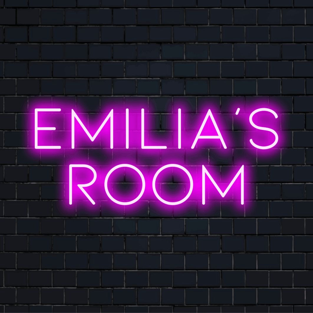 Emilia_s Room Custom Name Neon Sign, bright neon lettering against black brick wall