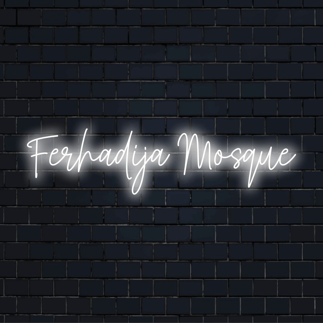 Ferhadija Mosque LED Neon Sign, bright neon lettering on dark brick wall