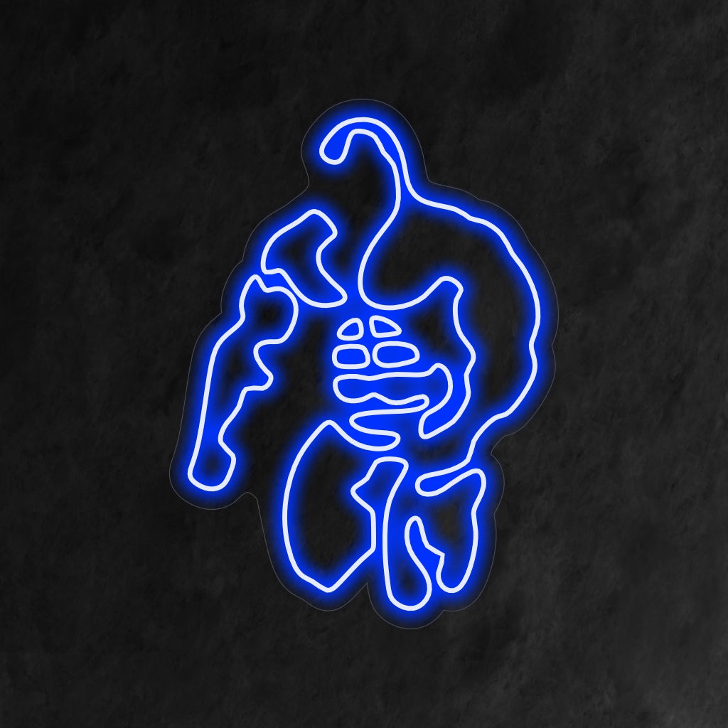 Het silhouet van een bodybuilder wordt verlicht door blauw neonlicht, waardoor zijn spieren goed te zien zijn.