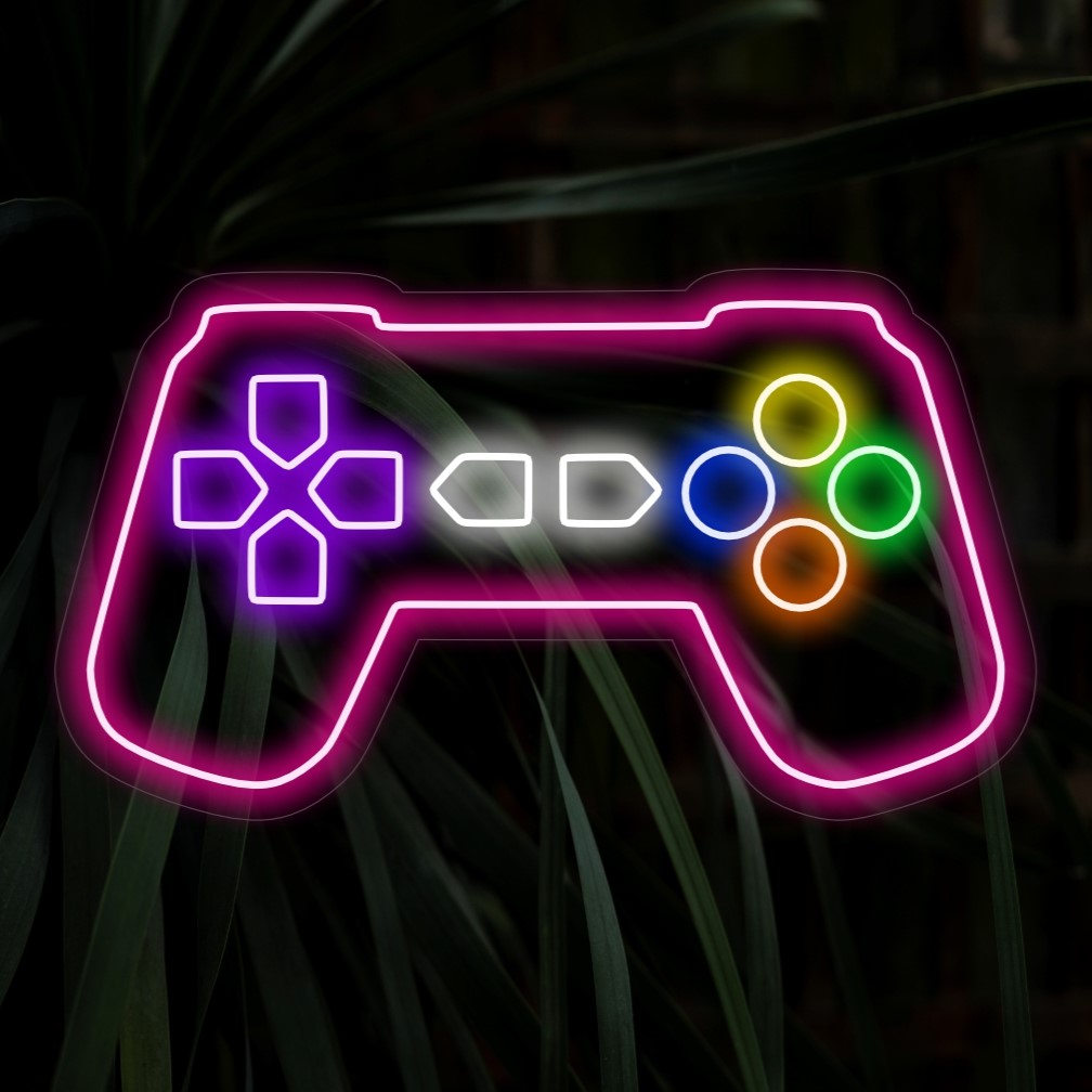 Een neonreclame in de vorm van een gamecontroller voor een game-thema-decoratie, die een levendig en boeiend licht uitstraalt