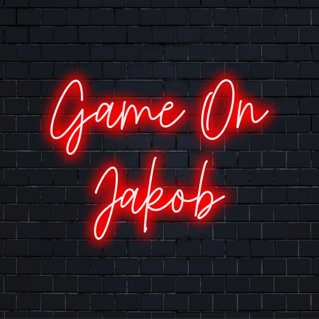 Game On Jakob Personalized Neon Light with bright LED glow on dark brick wall