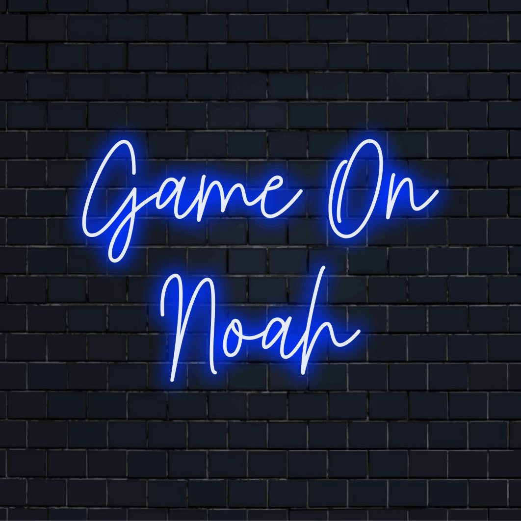 Game On Noah Custom Name Neon Sign, bright LED glow on dark brick wall