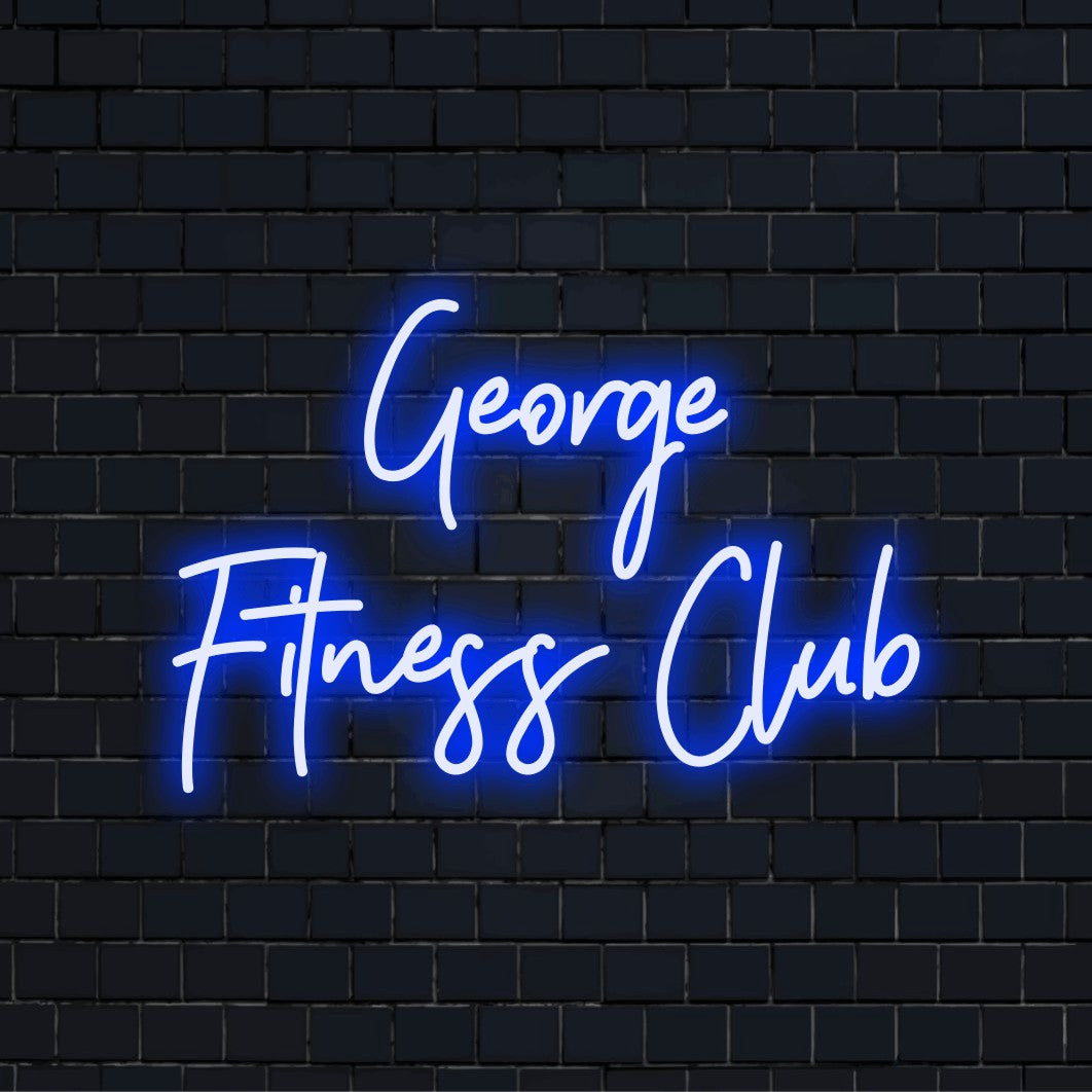 George Fitness Club Personalized Neon Light with glowing lettering against black brick wall