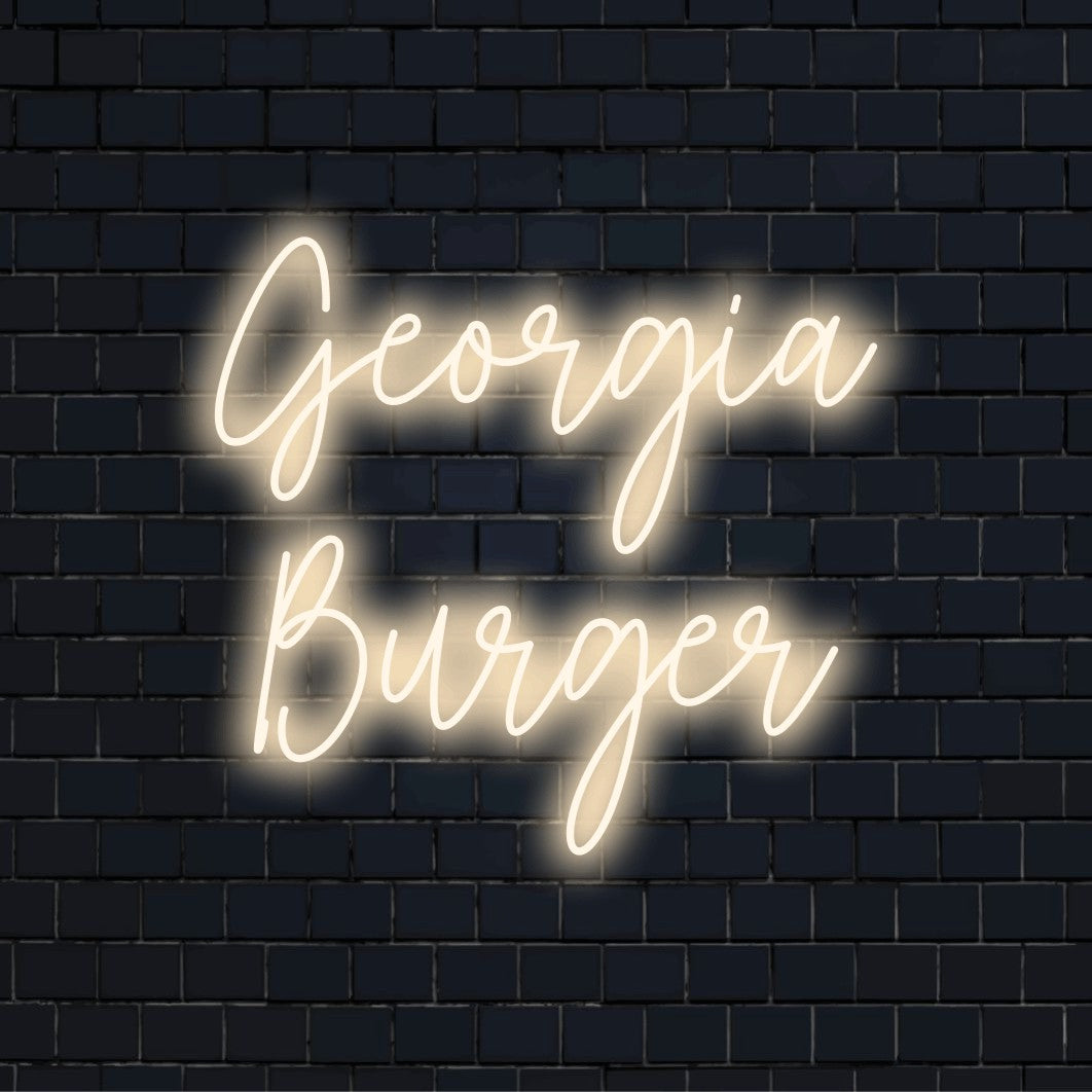 Georgia Burger Personalized LED Neon Sign, glowing neon text against brick backdrop