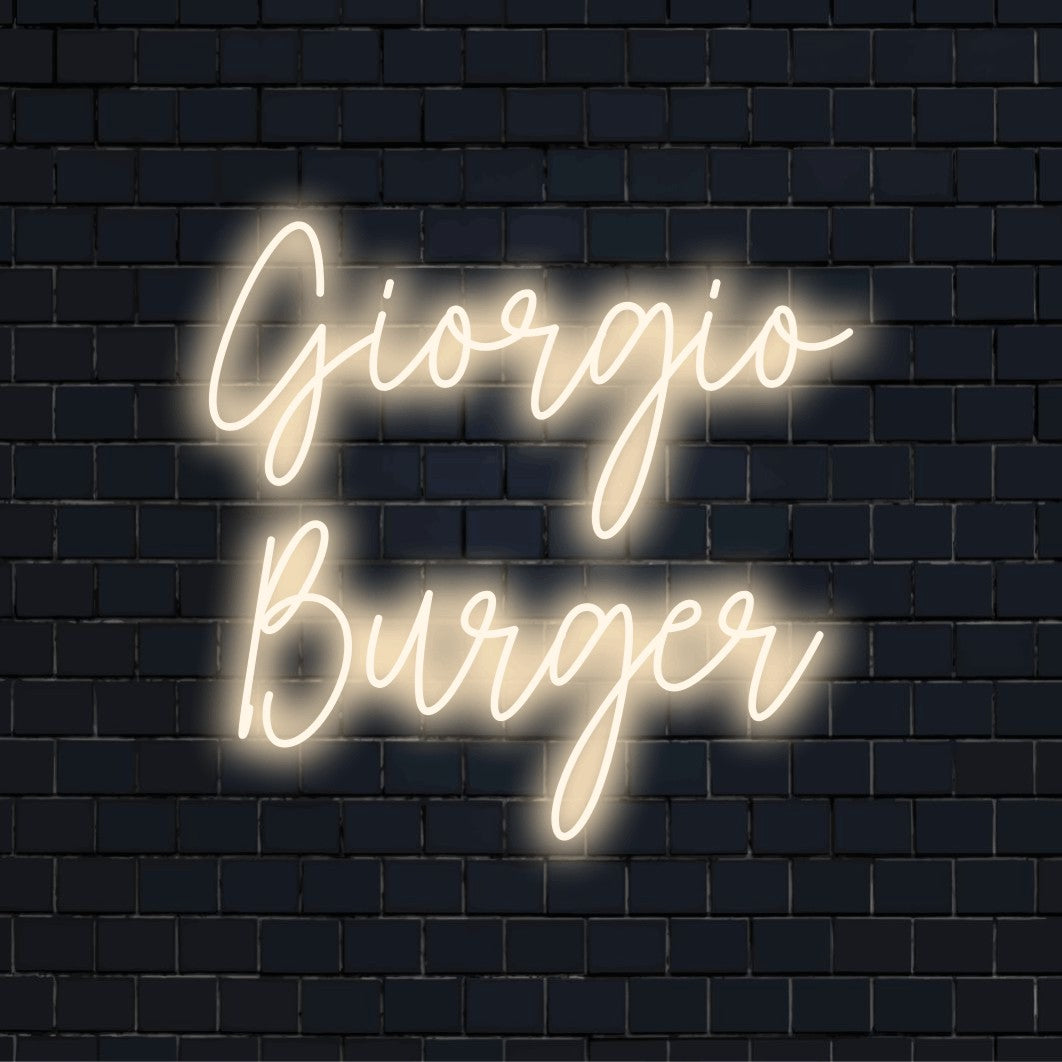 Giorgio Burger Personalized LED Neon Sign, glowing wall decor on black brick background