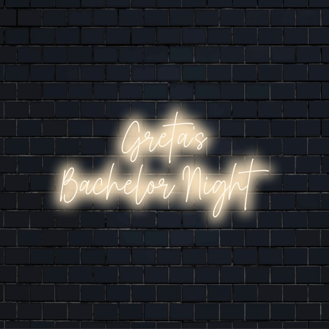 Greta_s Bachelor Night Personalized LED Neon Sign, bright neon glow on black brick background