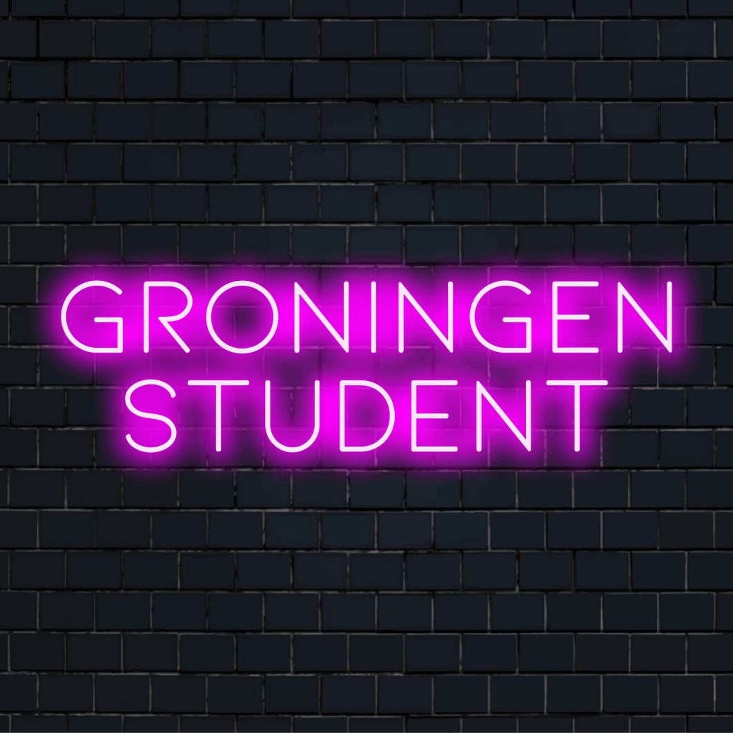 Groningen Student LED Neon Sign, bright neon lettering against brick backdrop