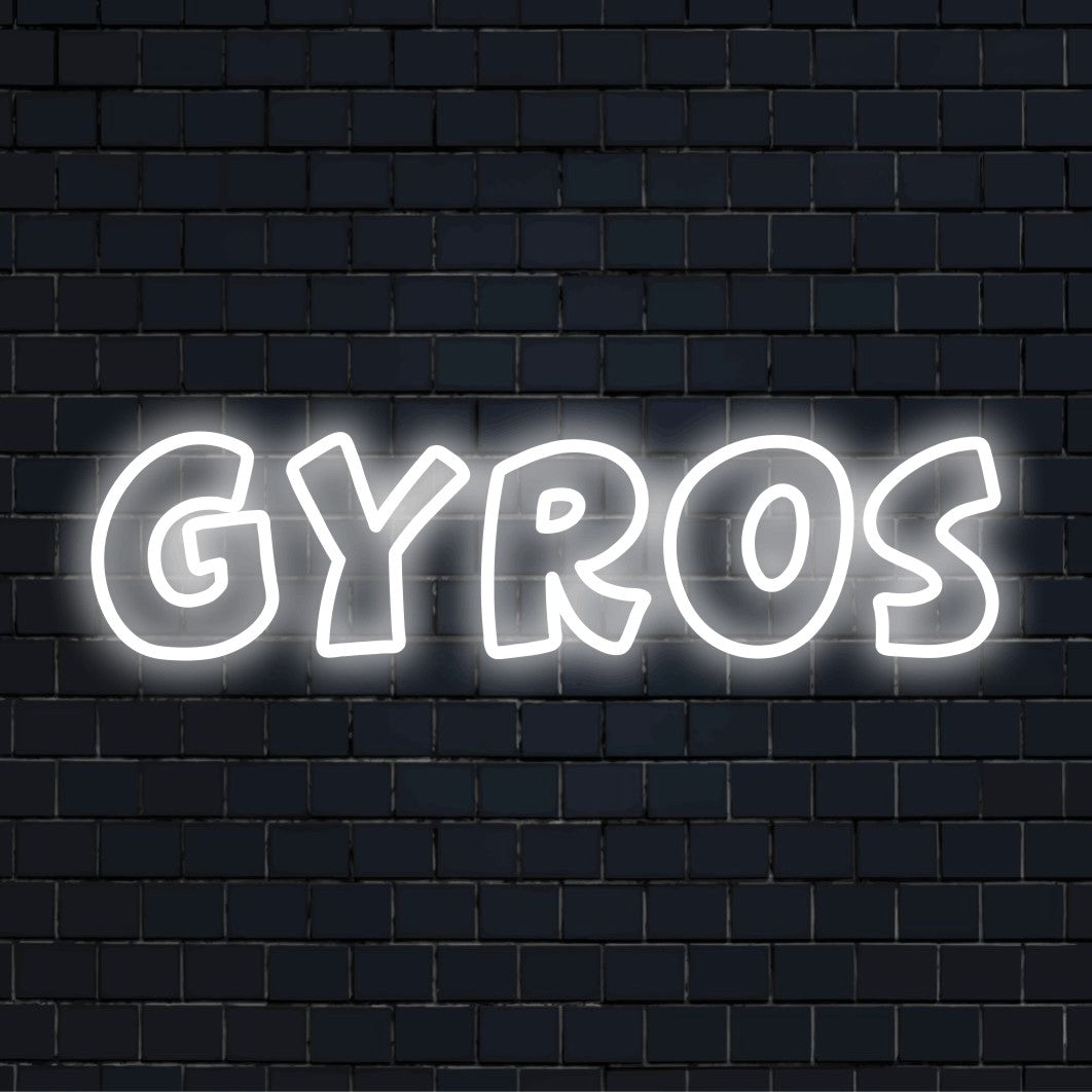 Gyros Neon Sign, glowing wall decor on black brick background