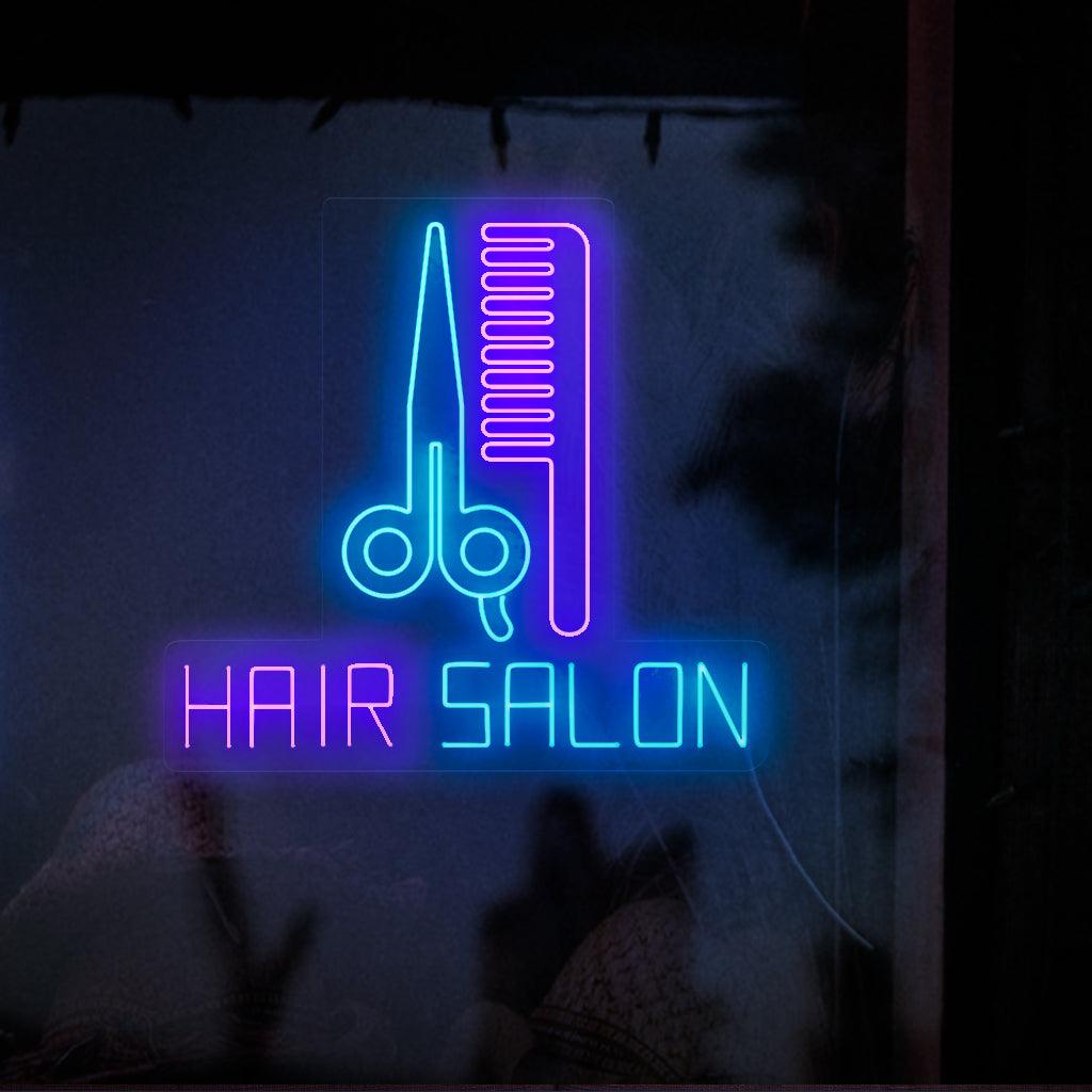 Een strak en stijlvol neonbord met een schaar en een kam, met de tekst 'Hair Salon' verlicht door levendige neonlichten.