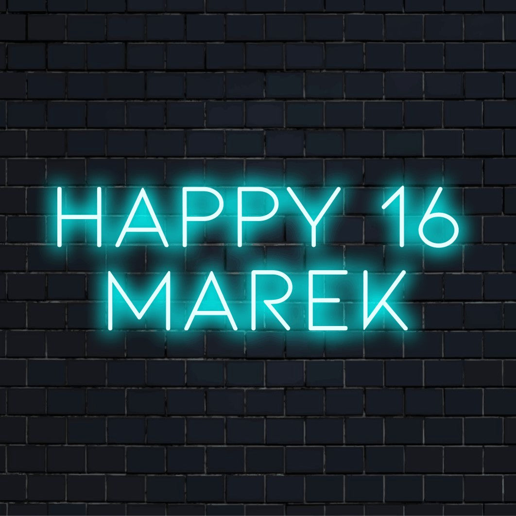 Happy 16 Marek Personalized LED Neon Sign, neon text light on dark brick background