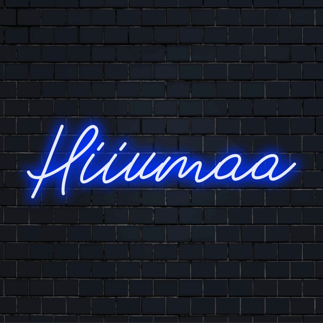 Hiiumaa LED Neon Sign, soft neon glow on black brick background