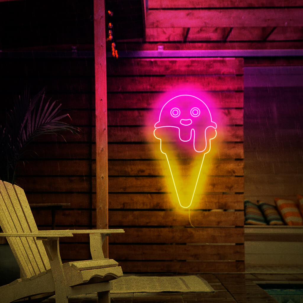 Een neonreclame voor ijs als decoratie met een dessertthema, dat een levendig en betoverend licht uitstraalt.