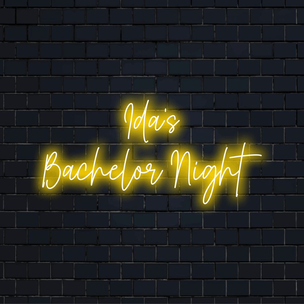 Ida_s Bachelor Night Custom Name Neon Sign, glowing lettering on black brick background