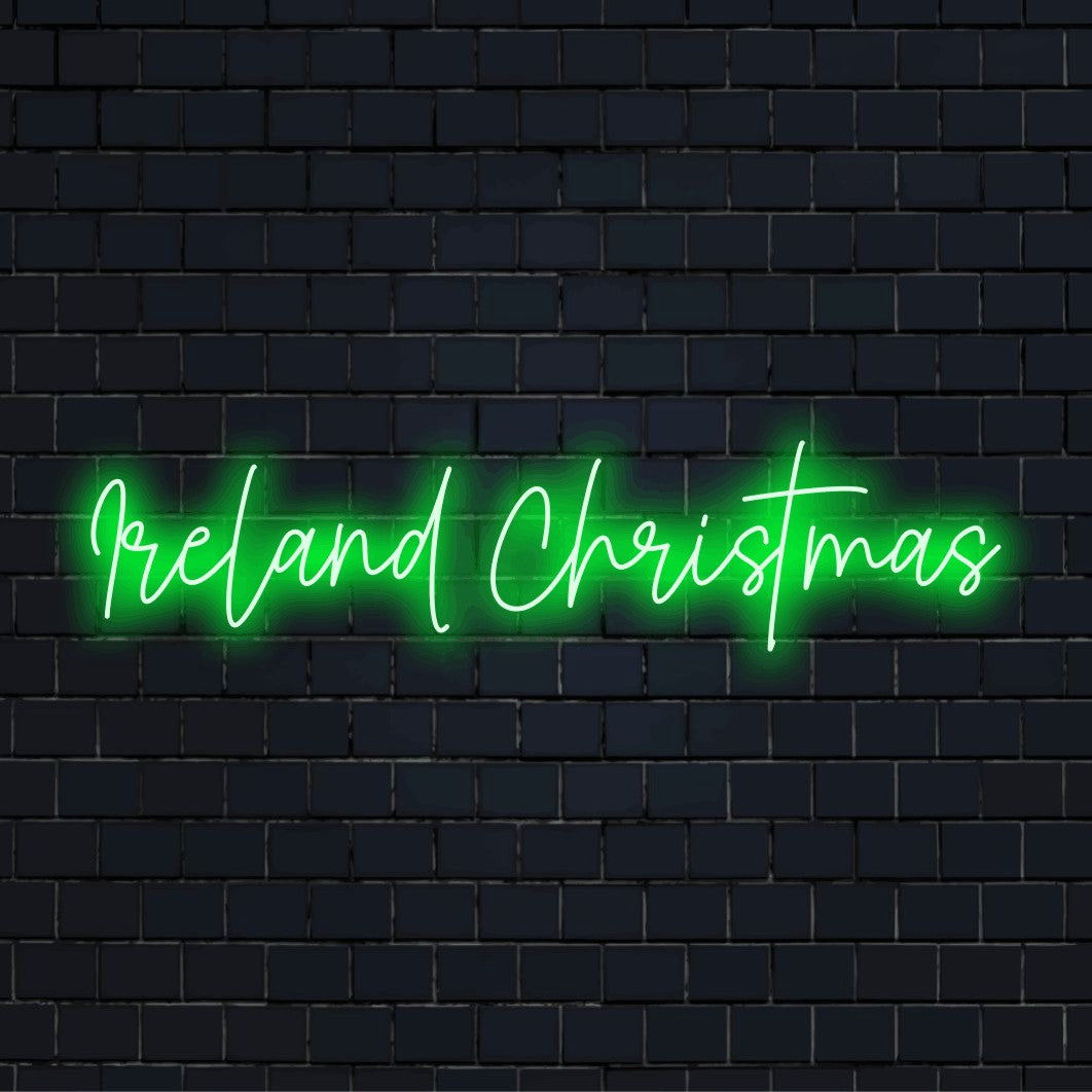 Ireland Christmas LED Neon Sign, glowing wall decor on dark brick background