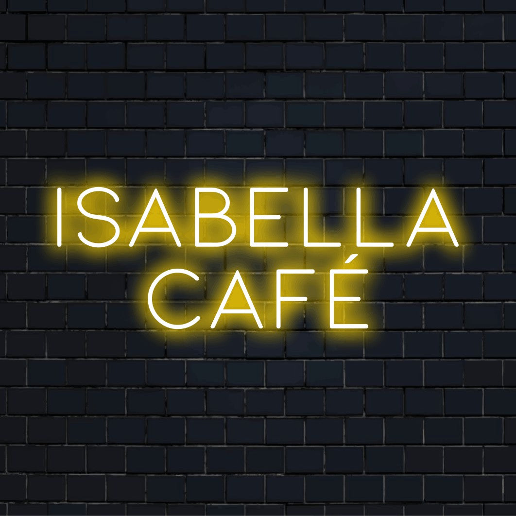 Isabella Cafe Personalized Neon Light with glowing wall decor on dark brick wall