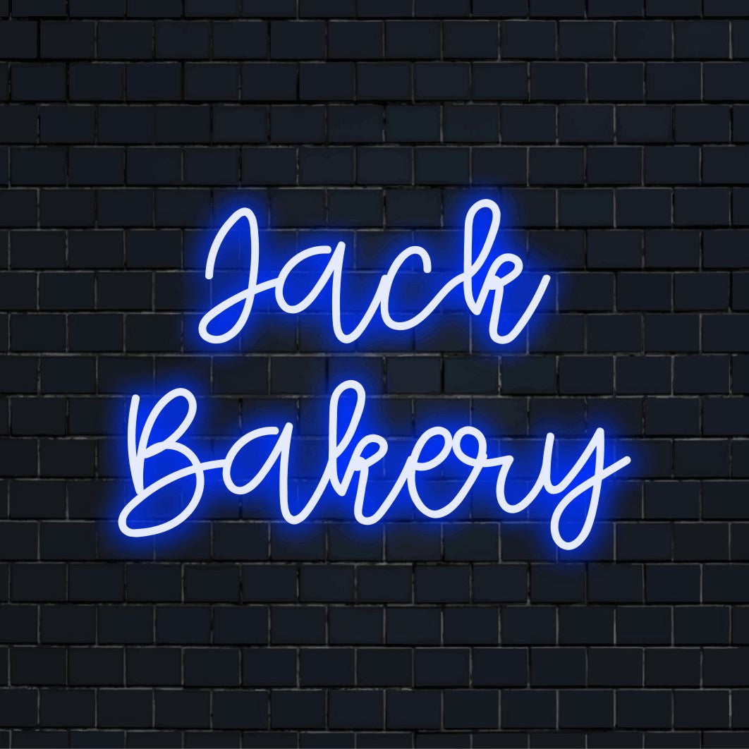 Jack Bakery Personalized LED Neon Sign, bright LED glow on dark brick background