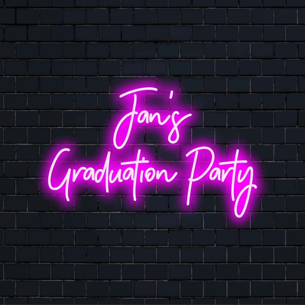 Jan_s Graduation Party Personalized LED Neon Sign, bright neon glow against black brick wall