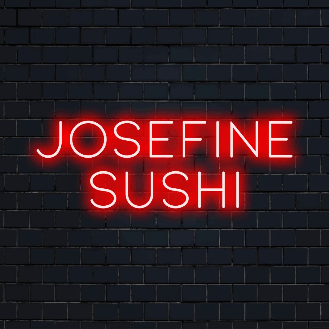 Josefine Sushi Custom Name Neon Sign, soft neon glow on dark brick background