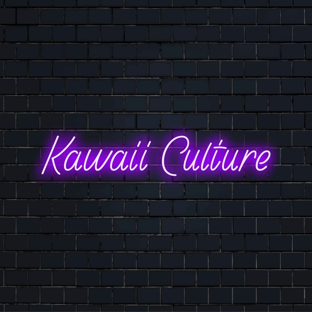Kawaii Culture Neon Light with bright neon lettering on black brick background