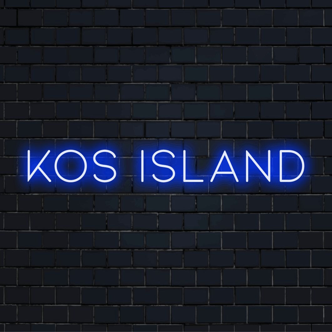 Kos Island LED Neon Sign, glowing lettering against black brick wall
